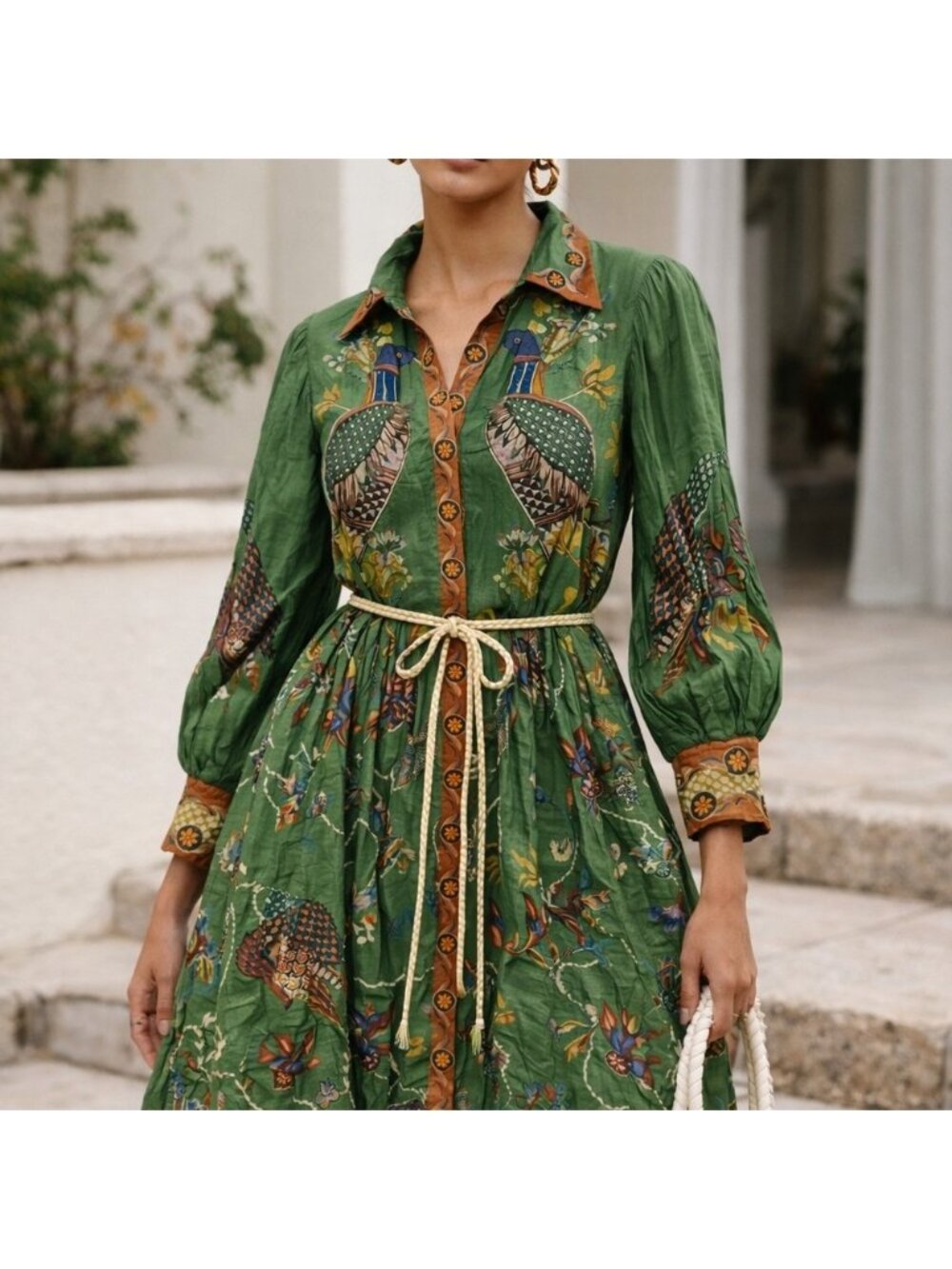 ALÉMAIS Birdie Green Ramie Shirt Dress - Printed Midi - Size US 10 / AU 14